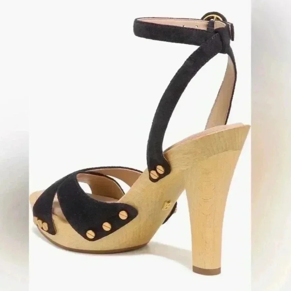 Veronica Beard Blue Suede Studded Heeled Sandals Criss Cross Ankle Strap, 7.5 - Picture 3 of 12
